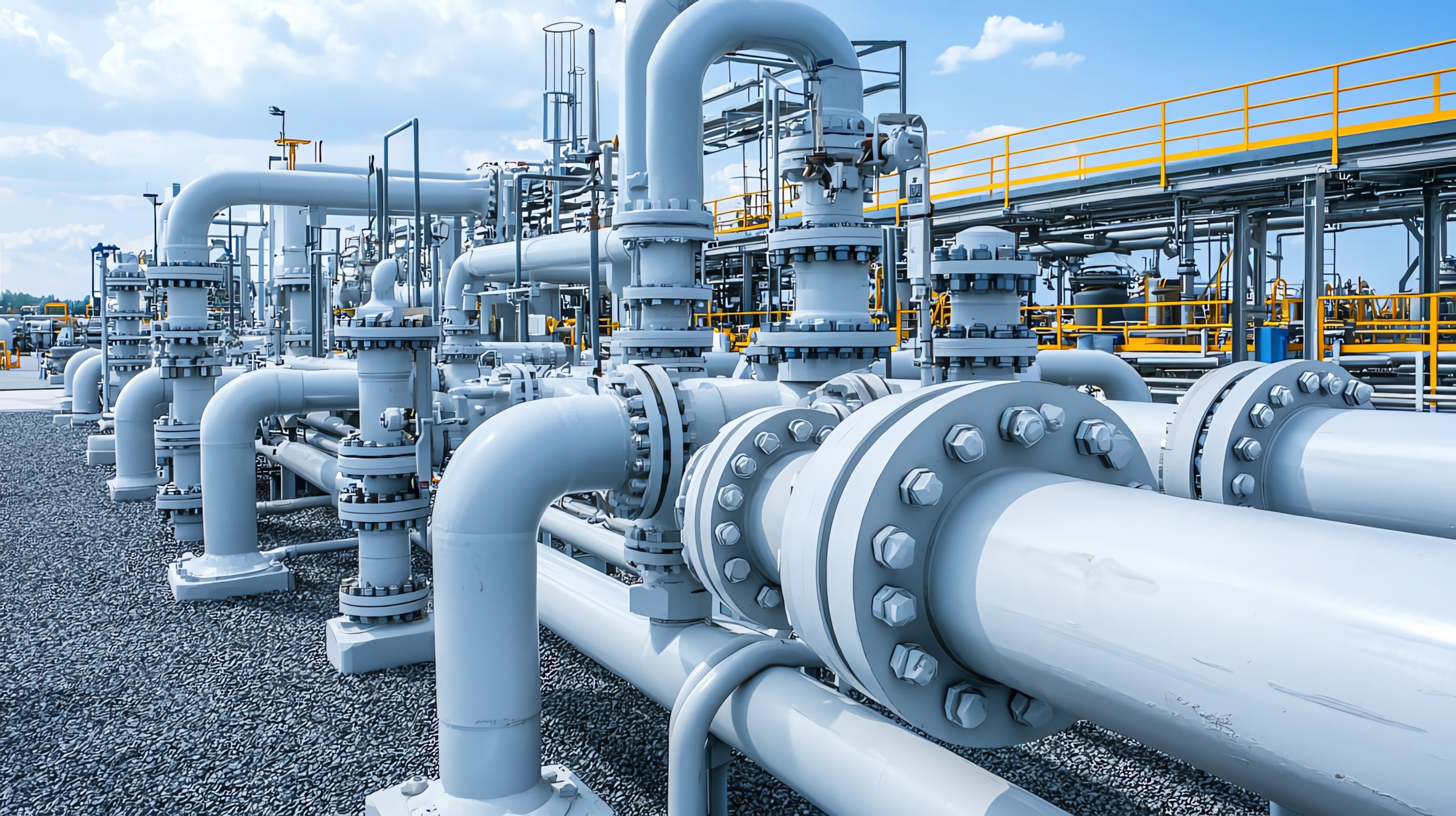 Gray industrial pipelines with flanged joints, valves, and supports installed at an outdoor processing or utility facility.