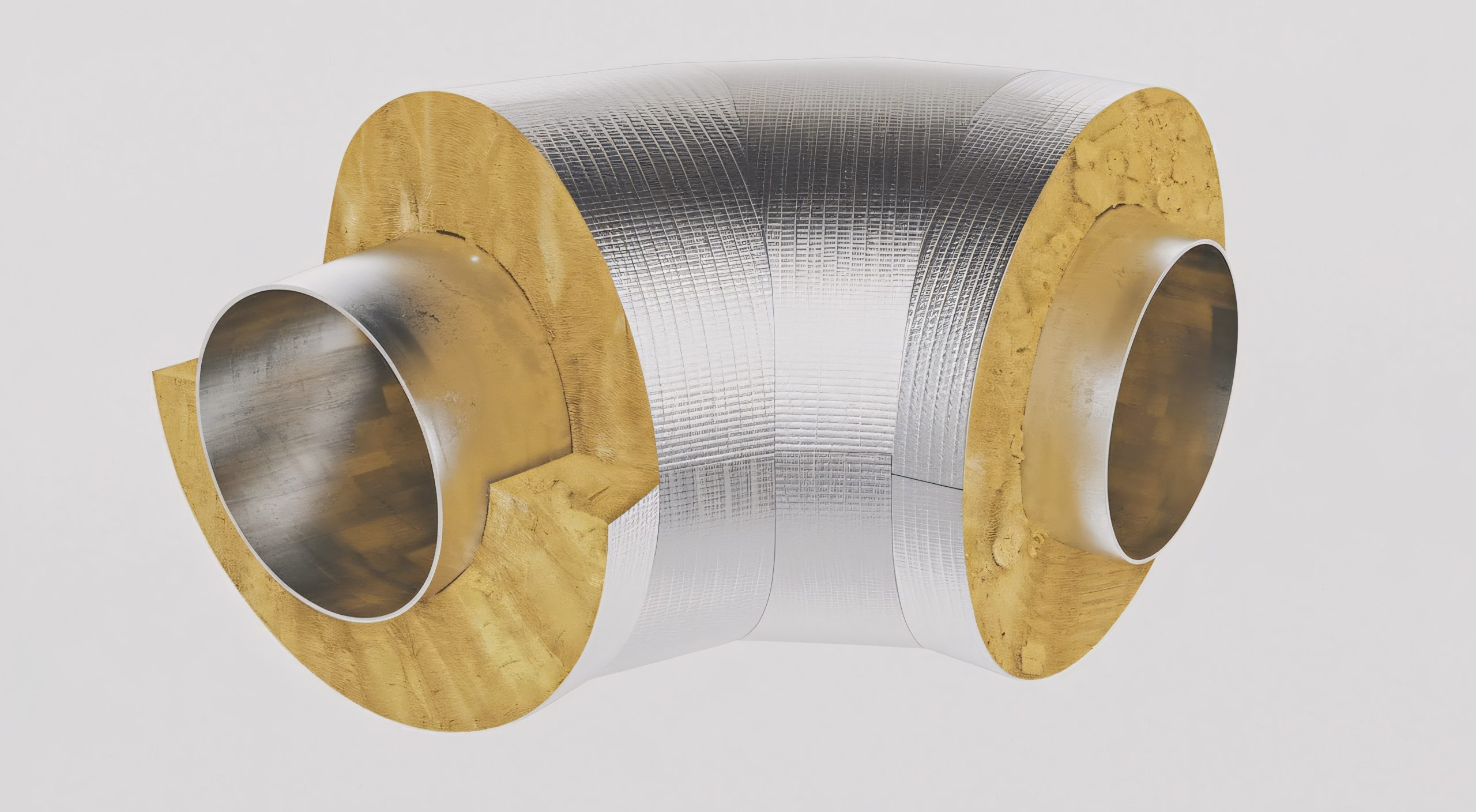 Insulated 90-degree pipe elbow with metal cladding and exposed mineral wool ends