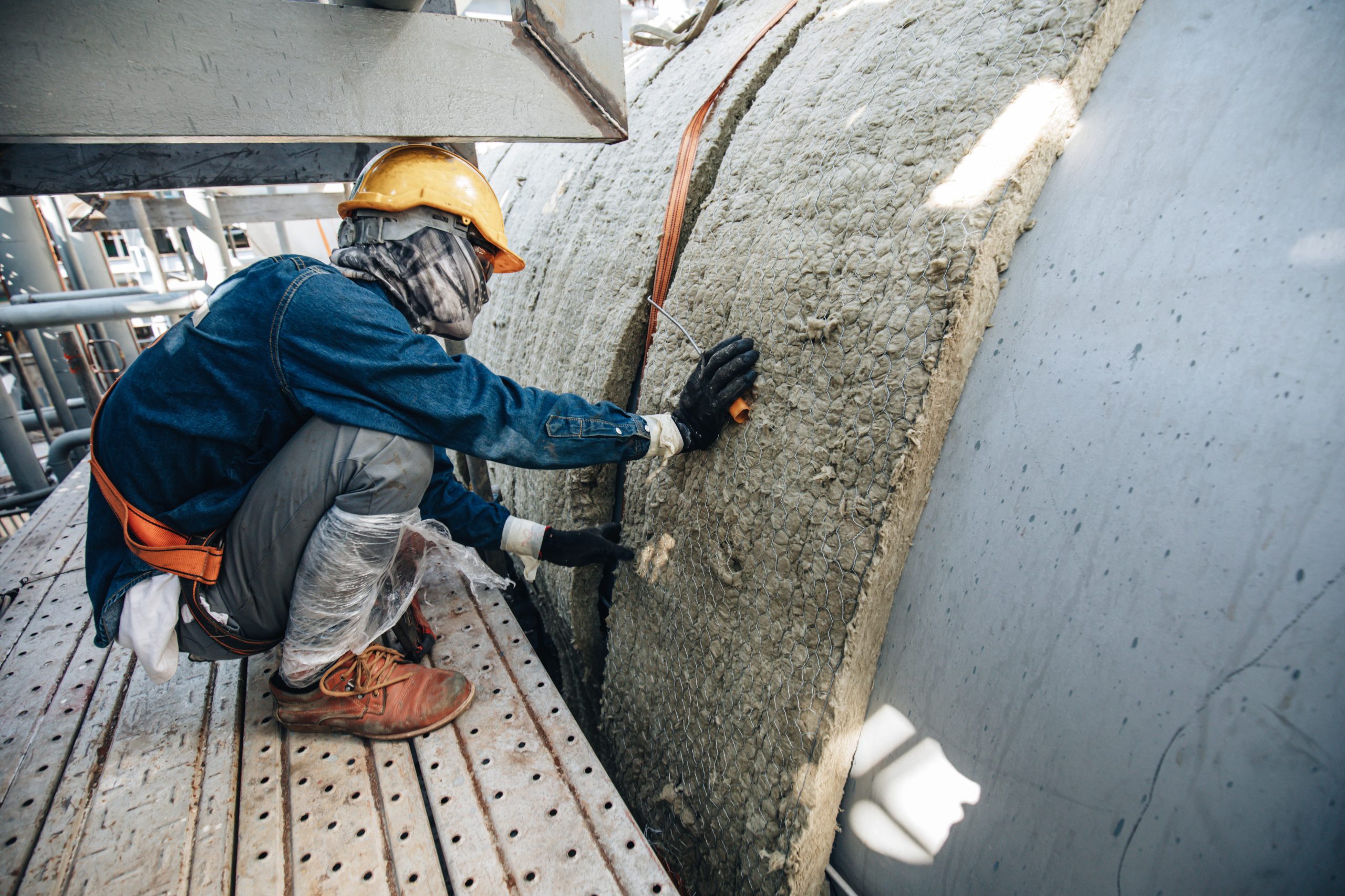 Worker installing insulation on a large industrial tank using protective gear
