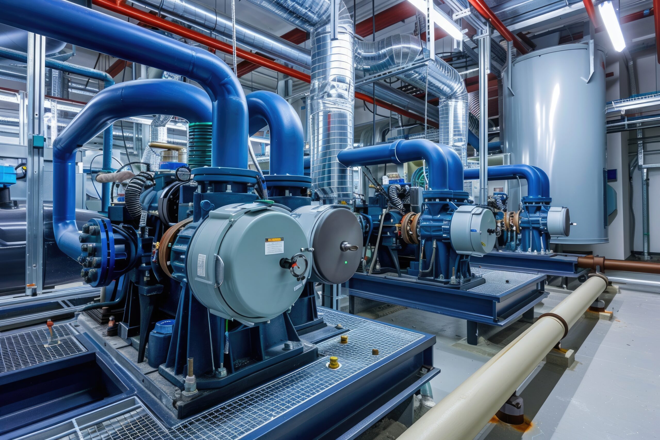 Industrial pump system with large motors and blue piping inside a mechanical plant room.