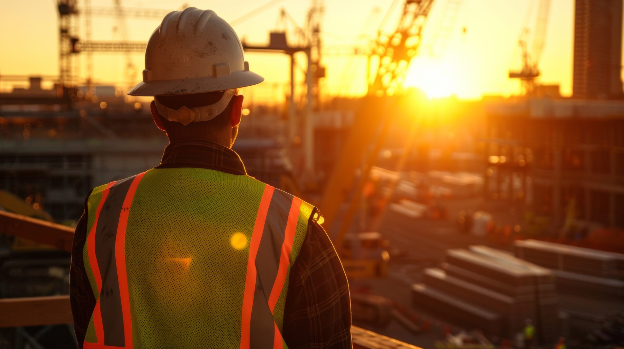 Worker wearing a hard hat and high‑visibility safety vest stands at a construction site with cranes and building structures at sunset.