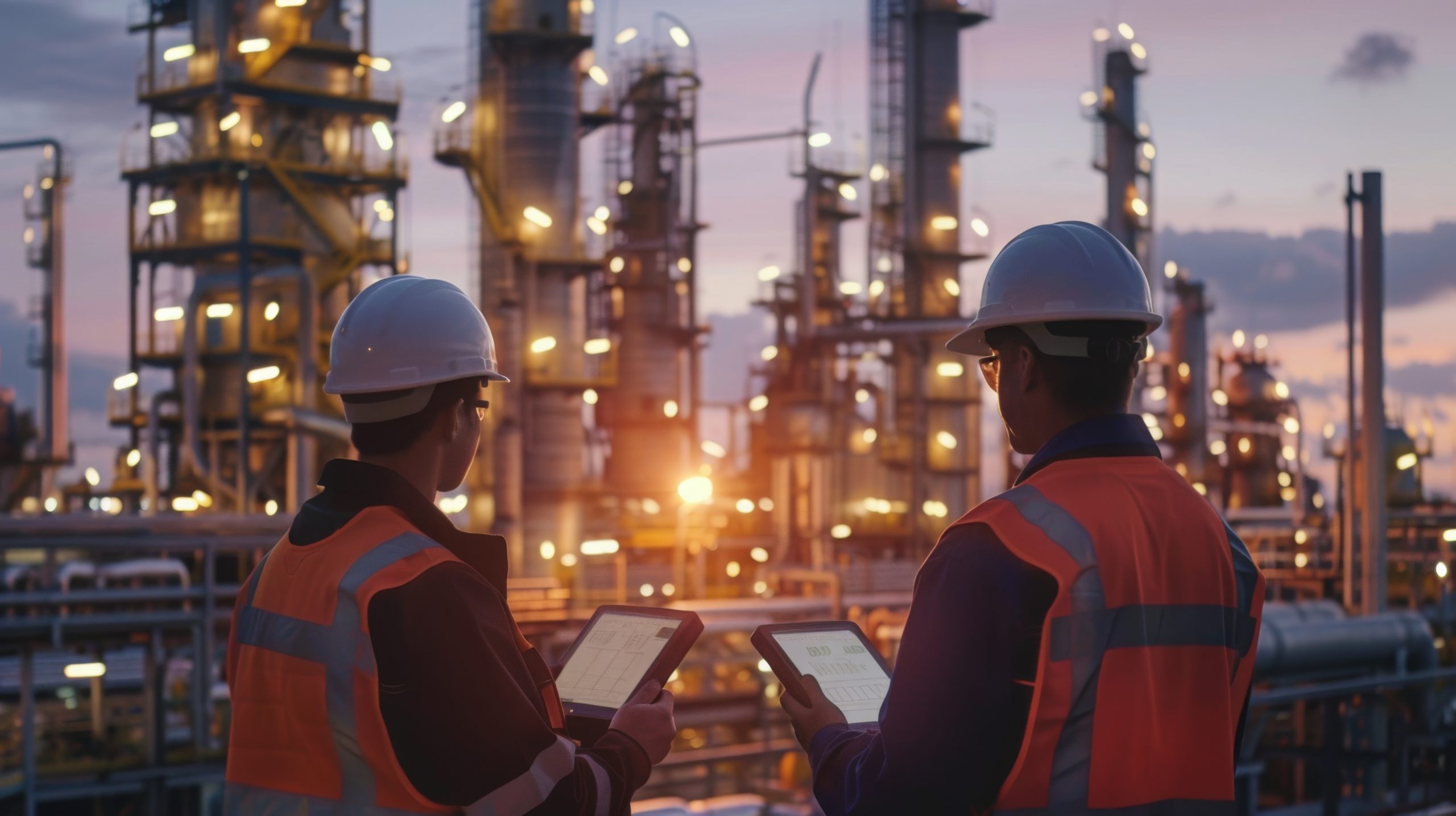 Two engineers in safety gear monitor industrial plant operations using tablets at dusk, with illuminated structures in the background.