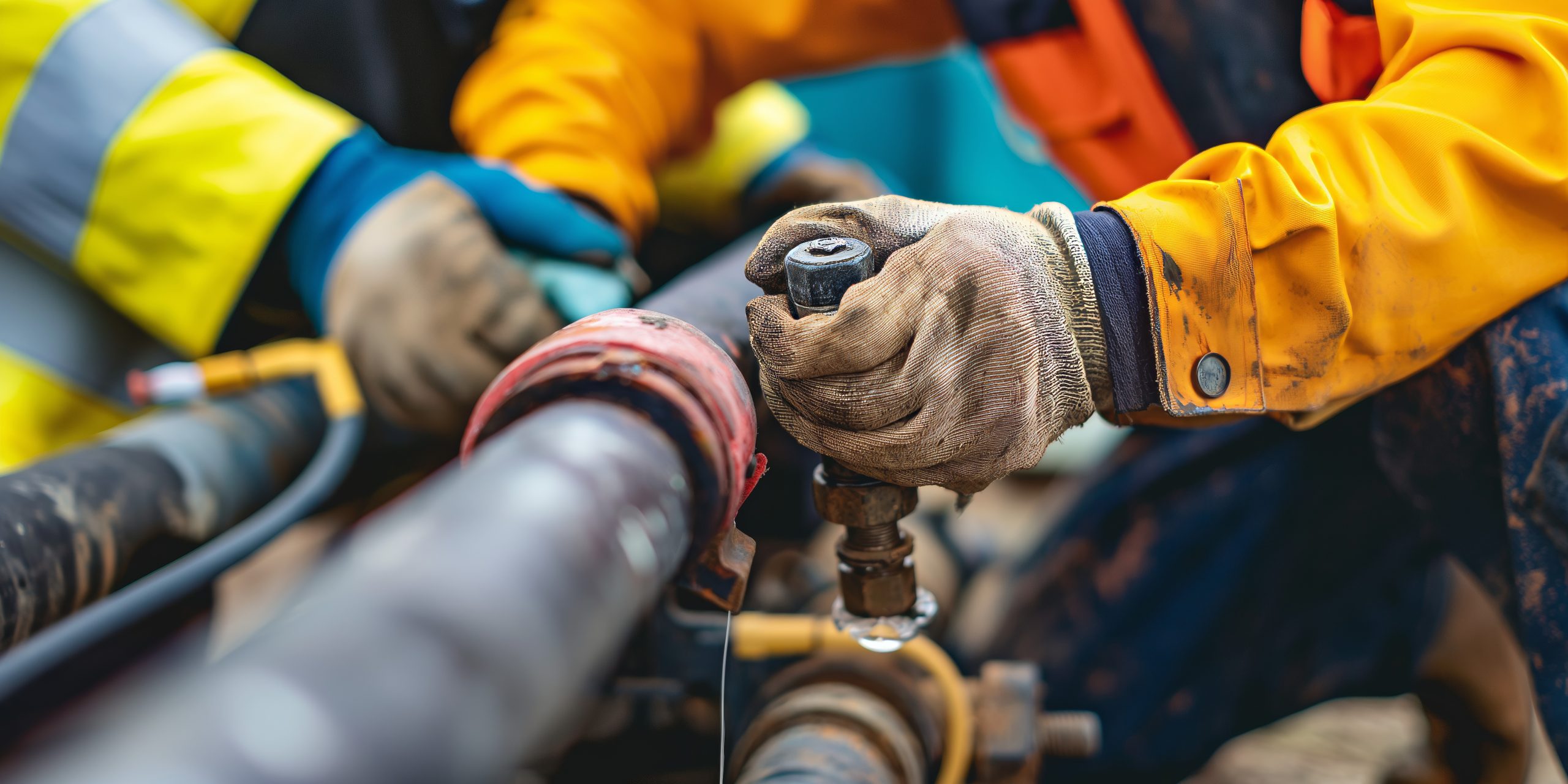 Gloved hands of a worker tightening a valve or fitting on an industrial pipeline using a hand tool.