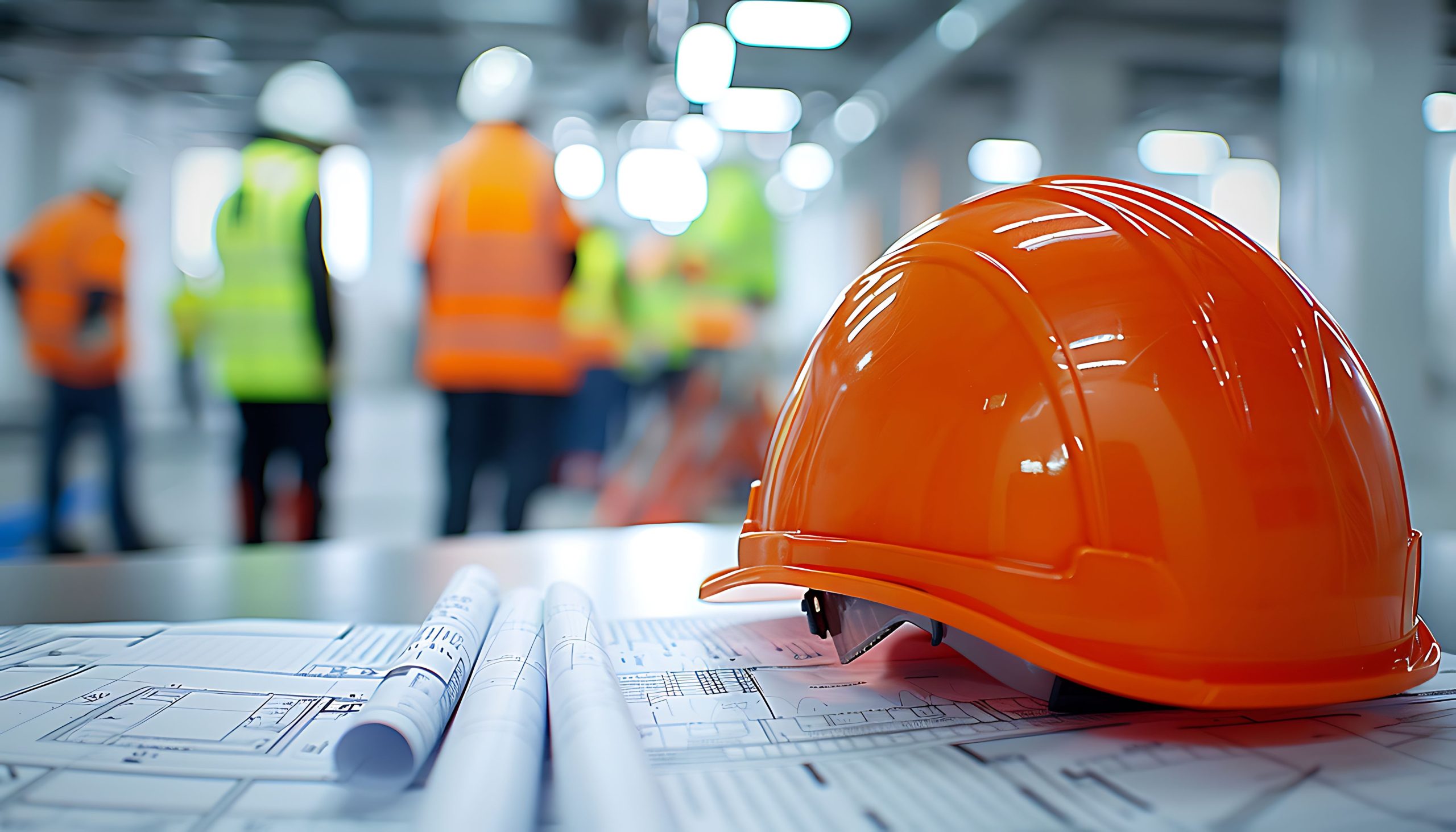 Orange hard hat resting on rolled construction blueprints on a table, with workers and an indoor construction area blurred in the background.