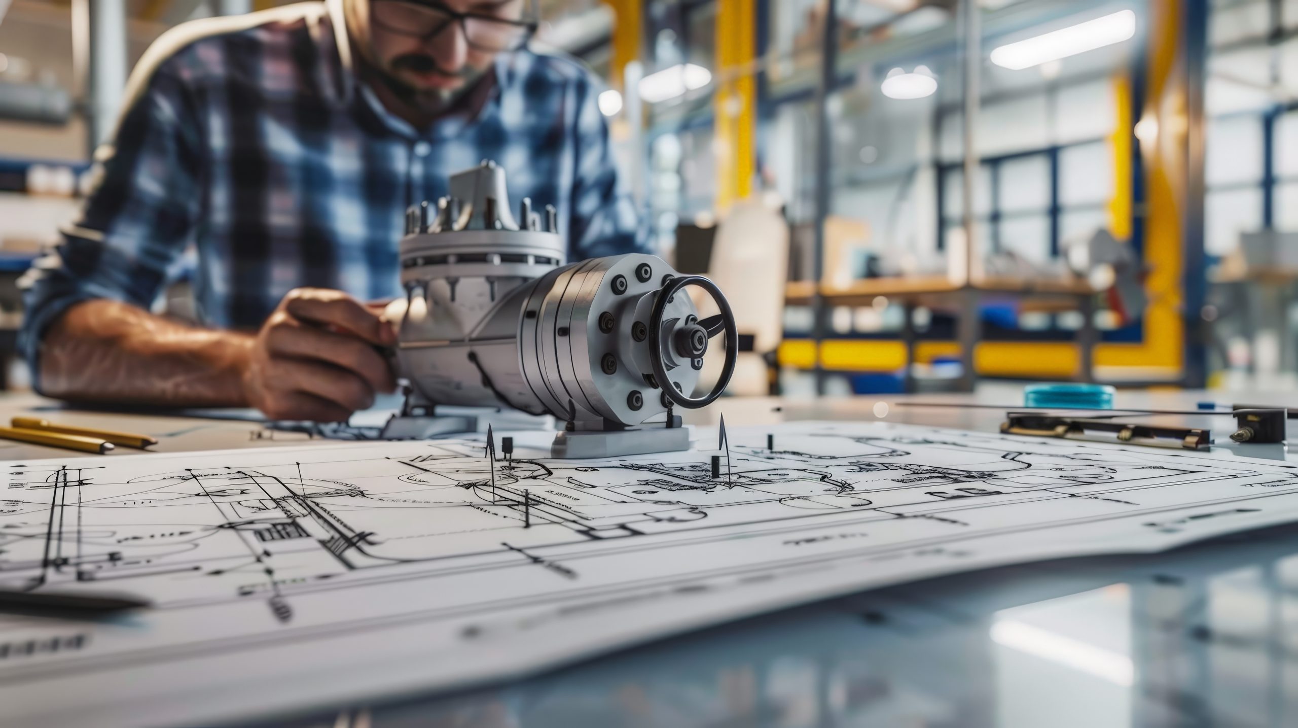 Person adjusting a mechanical component placed on detailed engineering blueprints inside a workshop or design environment.