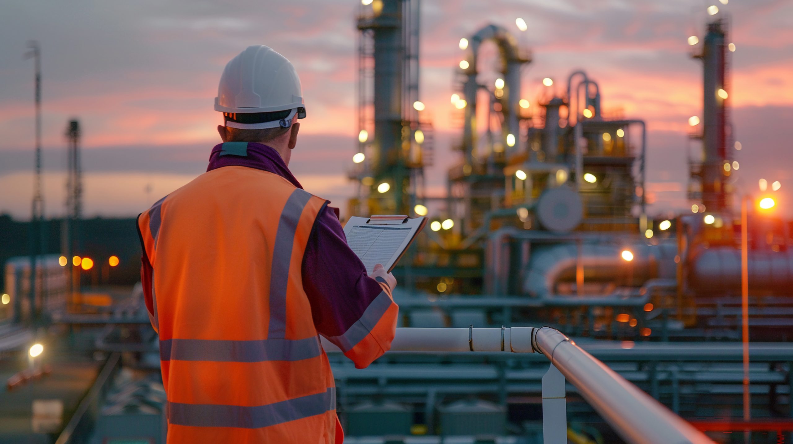 Worker wearing a hard hat and high‑visibility safety vest reviews a clipboard while overlooking an illuminated industrial plant at sunset.