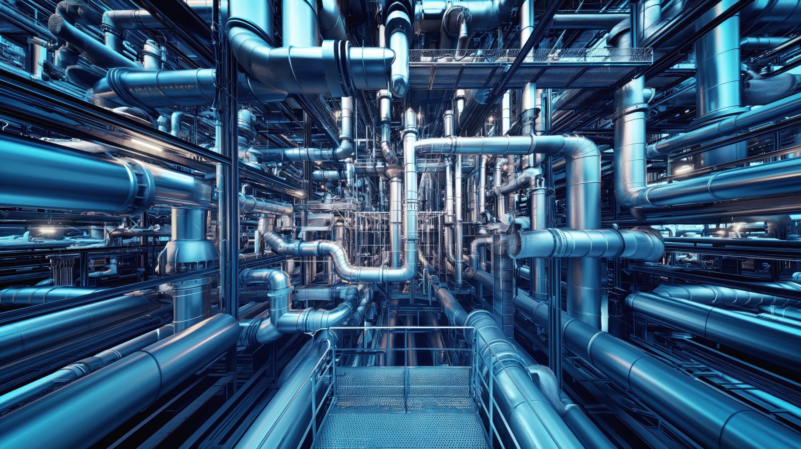 Extensive network of stainless steel pipes and valves inside a large industrial processing facility.