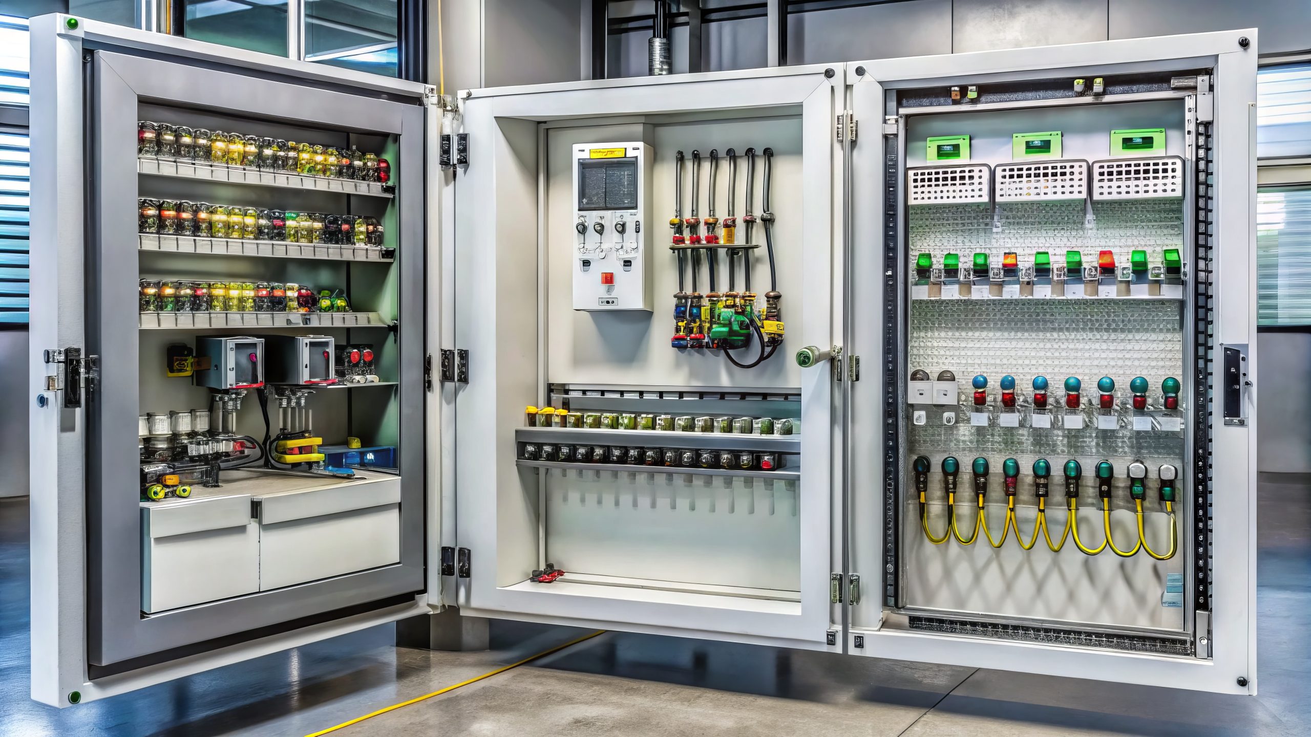 Open industrial control cabinet showing organized wiring, circuit breakers, relays, and control modules.