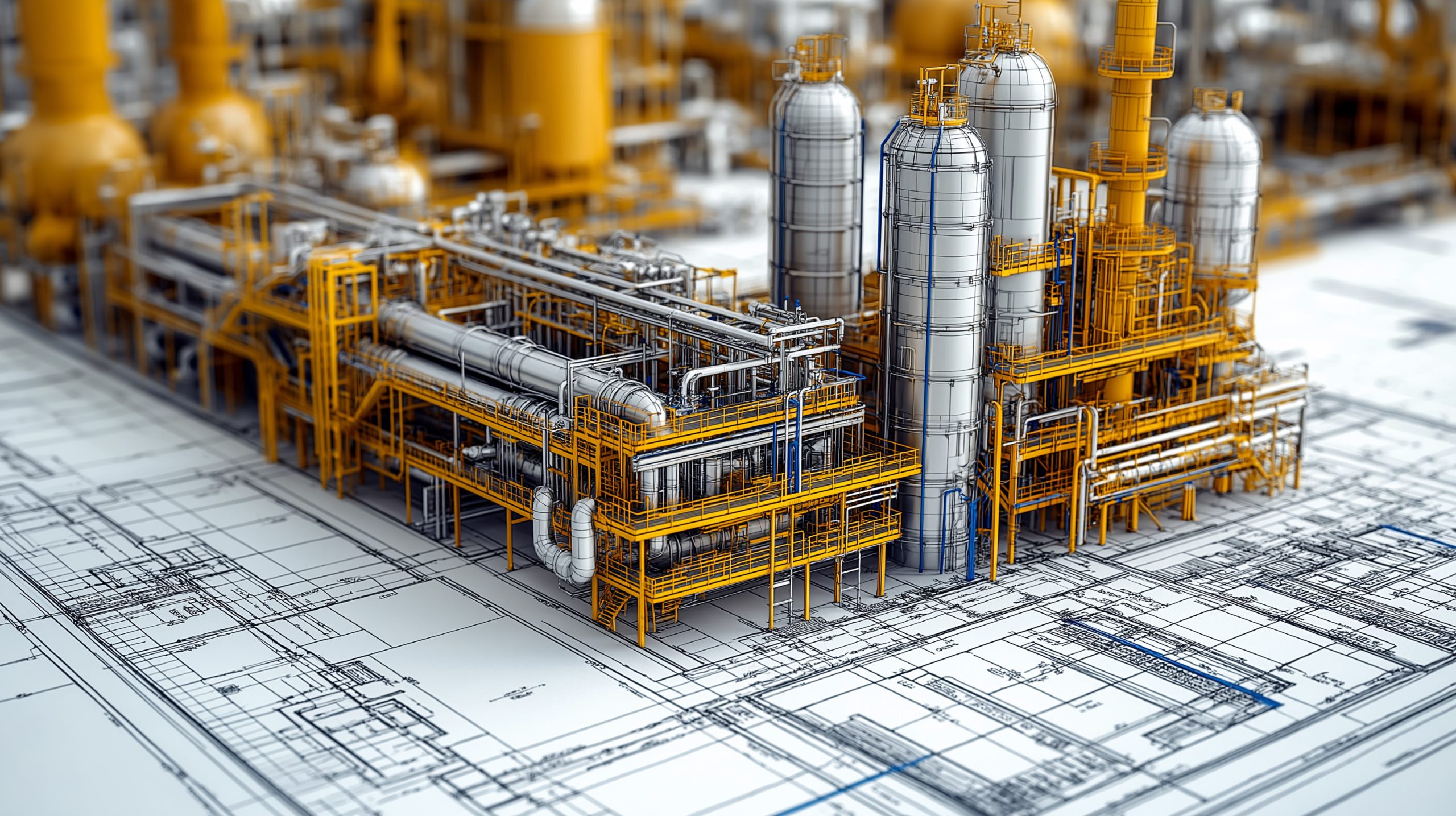 Scale model of an industrial processing plant with tanks and piping displayed on detailed engineering blueprints.